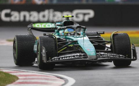 Aston Martin's Fernando Alonso in wet second practice for the Canadian Grand Prix