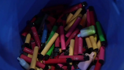 The inside of a bag full of vapes in various colours