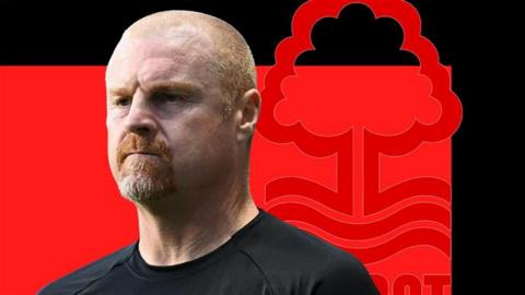 Sean Dyche in front of a red background and a large Nottingham Forest crest
