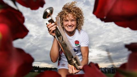 Ellie Kildunne poses with the Women's Six Nations player of the championship trophy