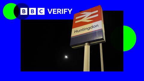 A BBC Verify-branded image, including a photo of the sign at Huntingdon station.