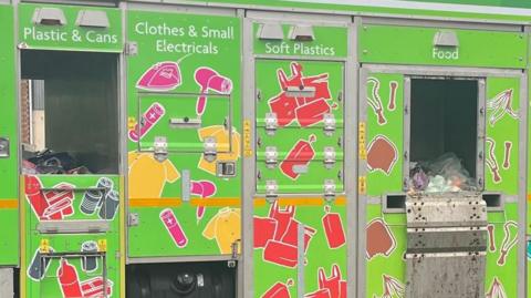 The side of a recycling truck with openings for plastics and cans, clothes and small electricals, soft plastics and food waste. 
The truck is green with colourful drawings of everyday items in bright colours, pink, yellow and red, including hair dryers, clothes, bags, batteries, and pop bottles.
In the openings, you can see some bags of varied recycling. 