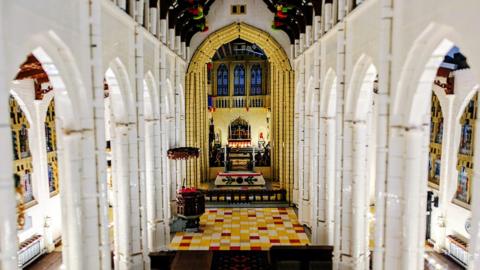 Inside shot of Lego model of St Edmundsbury Cathedral in Suffolk
