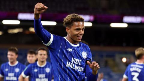 Cardiff City attacker Omari Kellyman celebrates a win at Burnley in the Carabao Cup