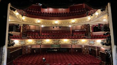 A view from the stage of the Wakefield Theatre Royal into the elegant auditorium.