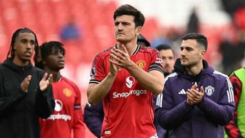 Defender Harry Maguire leads the applause after Manchester United's 2-0 victory over Sunderland