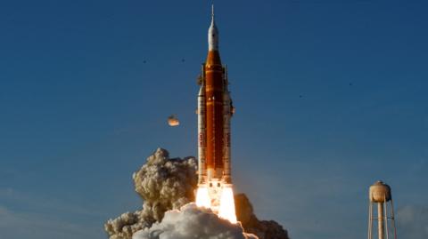 NASA's Artemis II Space Launch System (SLS) rocket with the Orion crew capsule, lifts off from the Kennedy Space Center in Florida. 