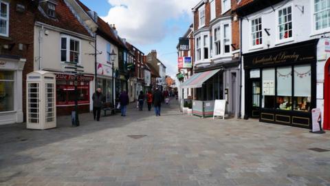 View of shops along Wednesday Market in Beverley town centre