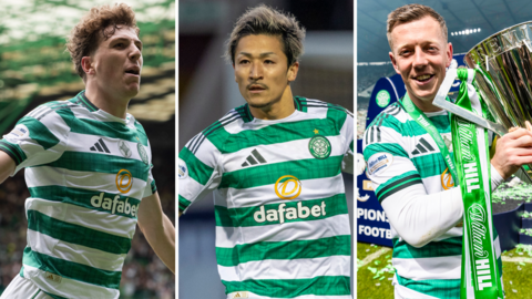 Celtic players Arne Engels, Daizen Maeda and Callum McGregor
