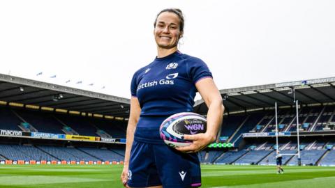 Scotland captain Rachel Malcolm poses for photos at Murrayfield