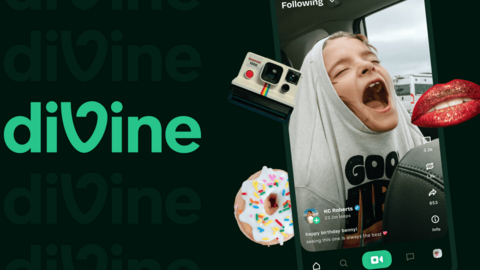 The green Divine logo against a black background. Next to it it shows a phone showing a video with a child with their mouth open and a grey t shirt partly over their head. There is a donut with white icing and sprinkles, red lips and a Poloroid camera on either side of the phone.