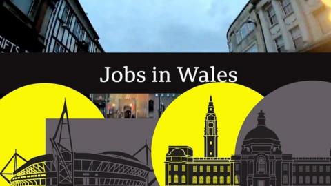 Graphic to illustrate jobs in Wales - with image of civic centre and stadium