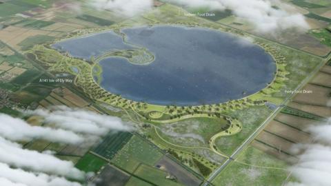 An aerial artist's impression of a new reservoir. The water is in the centre, in a pool shaped like the cross section of a snail shell. There is a jetty and small island. The water is surrounded by landscaped grounds and then green fields. Roads, including the A141, Forty Foot Drain and Sixteen Foot Drain run along three sides of the site. 