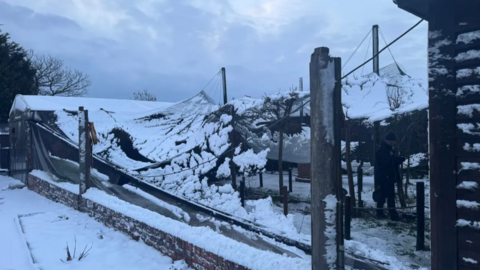Snow on top of a collapsed aviary in a zoo