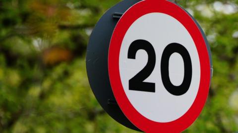 Two round 20mph speed limit signs against a backdrop of green trees - one sign in the foreground and one further away and out of focus.