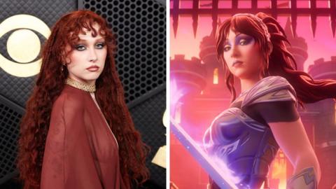 Chappell Roan at the Grammy Awards in a red dress. Her hair is long and curly. The background is black. On the right is her Fortnite skin which has a purple coloured metal breast plate and she is holding a glowing sword.