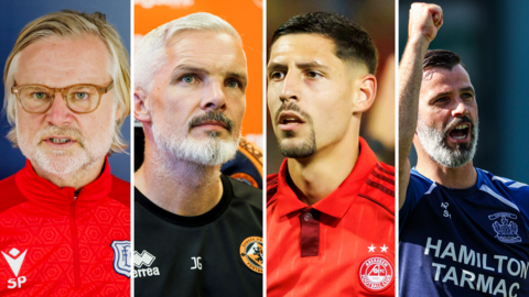 Dundee manager Steven Pressley, Dundee United manager Jim Goodwin, Aberdeen striker Ester Sokler and Kilmarnock manager Stuart Kettlewell