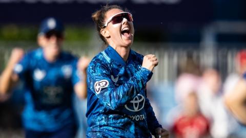 Linsey Smith celebrates a wicket