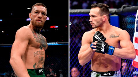 Split image of Conor McGregor in the cage and Michael Chandler in the cage