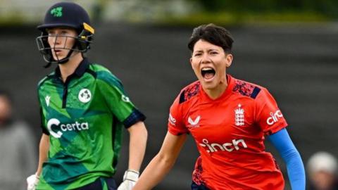 Ireland's Gaby Lewis after being bowled by Issy Wong of England in Dublin in September 2024
