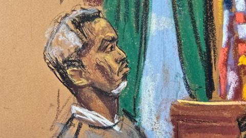 A courtroom sketch of P Diddy, with white hair and goatee.