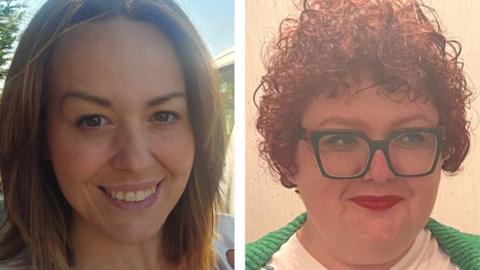 Selfies of Katie Groom and Kathryn Kaupa, who are both smiling. Katie Groom is a woman with blonde-brown hair. Kathryn Kaupa is a woman with red curly hair and glasses.