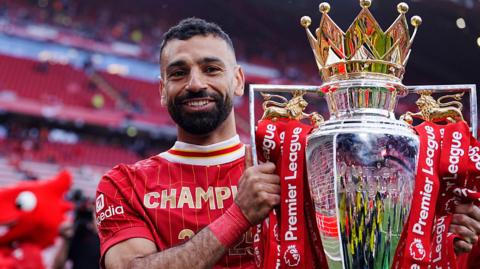 Mohamed Salah holds the Premier League trophy