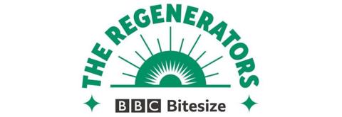 The Regenerators Logo green crescent over sun dial icon and 鶹Լ Bitesize logo

