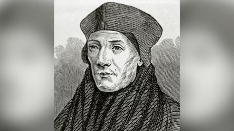 A black and white drawing of the Bishop of Rochester, John Fisher, from the Tudor era. He is wearing robes that reach up to cover his neck and a bishop's mitre (hat), which is low with peaks in the middle and at the sides.