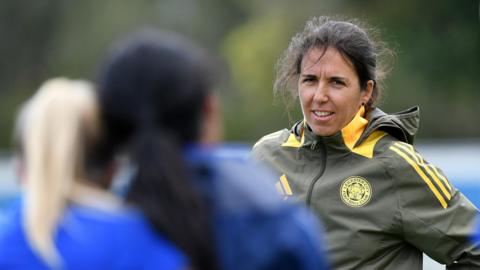 Amandine Miquel speaks to her players during a Leicester City training session