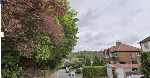 A wide shot of Westhall Road in Warlingham showing houses, trees and cars