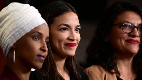 Faces of Rep Ilhan Omar, Democrat of Minnesota, left, shown with Alexandria Ocasio-Cortez of Queens, New York, and Rashida Tlaib of Michigan, spoke out against the president