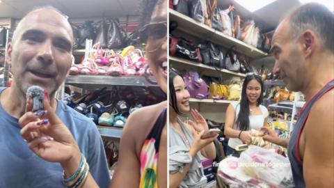Two images side by side showing people interacting in a store filled with shoes, bags, and various colourful items.