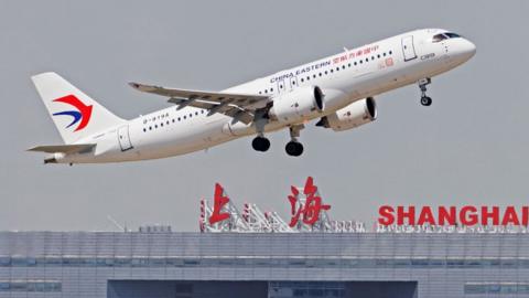 China's homegrown C919 passenger jet departs Shanghai Hongqiao International Airport May 28, 2023 in Shanghai, China.