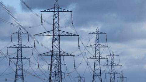Six pylons standing against a gloomy, grey sky.