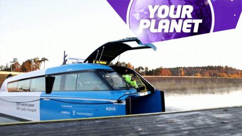 An electric ferry and the Your Planet logo