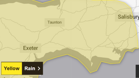 A Met Office map of south western England with the weather warning area shaded in yellow extending as far east as Salisbury