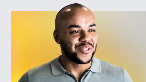 BBC Sport football news reporter Alex Howell against a yellow background