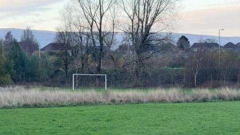 A park, with bare trees in the background, and a solitary set of football goals