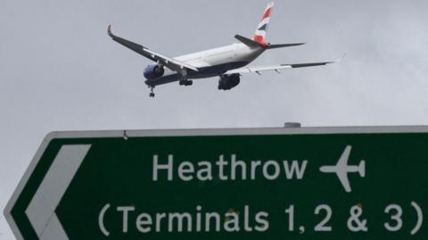 A British Airways aircraft approaches Heathrow Airport for landing above a green road sign pointing to Heathrow terminals, photographed under a grey overcast sky.