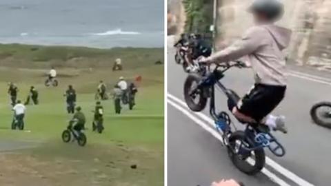 A split screen showing teens riding over a golf course on the left and a teen doing a wheelie on the right