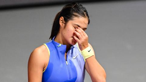 Emma Raducanu reacts during the Qatar Open in March
