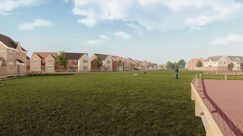 CGI of the Stainton Vale proposed development shows a row of two storey brick houses surrounding a field.