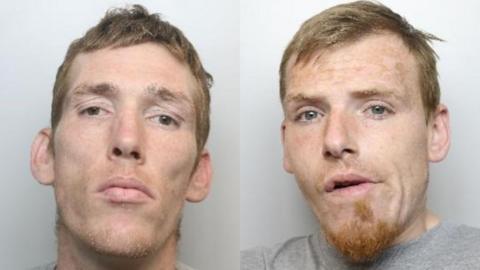 Two mugshots side by side. Both men appear tired and run down. Welsh has short blond-ginger hair, a long face, stubble on his chin and large ears. Shaw also has blond-ginger hair, and a ginger goatee and blue eyes. His jaw is to the side and mouth slightly open as though he is speaking or chewing.
