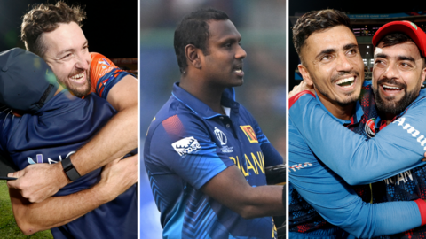 A split graphic showing the Netherlands bowler Paul van Meekeren celebrating their World Cup win over South Africa (left), Afghanistan's Mujeeb Ur Rahman and Rashid Khan celebrating victory over England (right) and Sri Lanka's Angelo Mathews remonstrating with the Bangladesh team after he was timed out (centre)