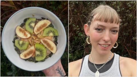 Composite image: One of a hand holding a bowl of porridge topped with seeds, apple and kiwi, the other of a woman with various piercings and a short fringe, smiling