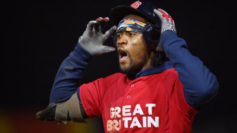 Great Britain outfielder Anfernee Seymour celebrates