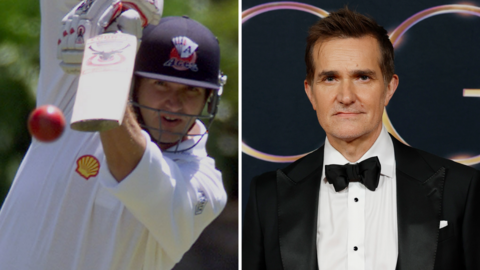 Split image showing John Aiken, left, as a cricketer and, right, at an awards party for his part in the Married at First Sight series