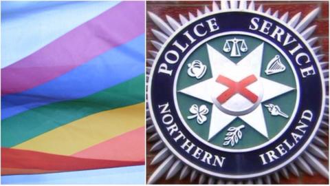 rainbow flag and psni logo