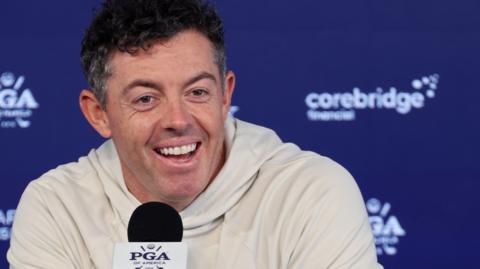 Rory McIlroy speaking at a news conference prior to the start of the US PGA Championship at Aronimink in Pennsylvania
